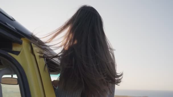 Back view of young beautiful woman with long hear leaned out of the car window — Stock Video