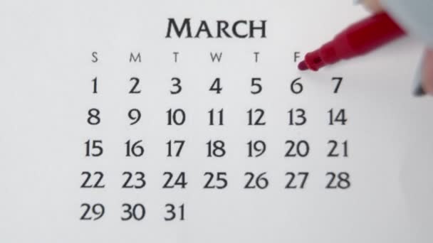 Día de círculo de la mano femenina en la fecha del calendario con un marcador rojo. Conceptos básicos de negocio Wall Calendar Planner and Organizer. 6 de marzo — Vídeos de Stock