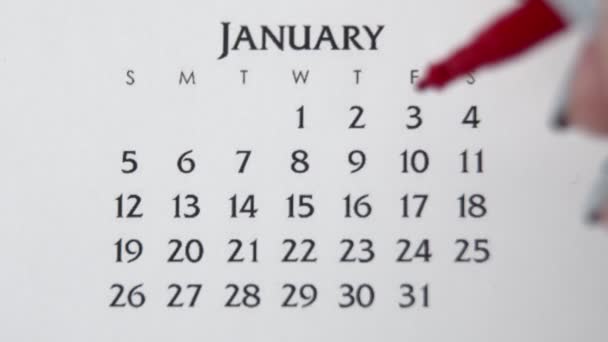 Dia círculo mão feminino em data de calendário com um marcador vermelho. Noções básicas de negócios Wall Calendar Planner and Organizer. JANEIRO décimo — Vídeo de Stock