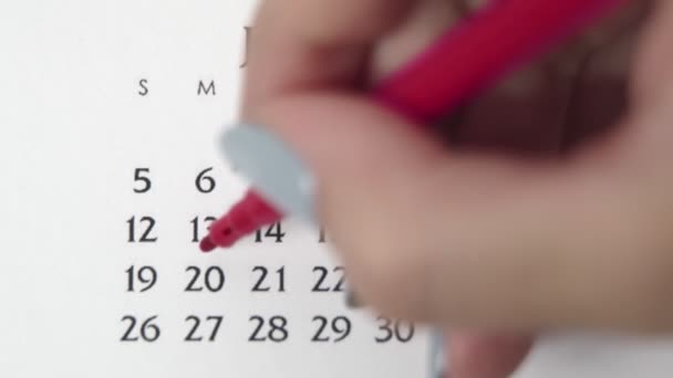 Ημέρα θηλυκού κύκλου στο ημερολόγιο με κόκκινο μαρκαδόρο. Business Basics Wall Ημερολόγιο και Organizer. 20 Ιανουαρίου — Αρχείο Βίντεο