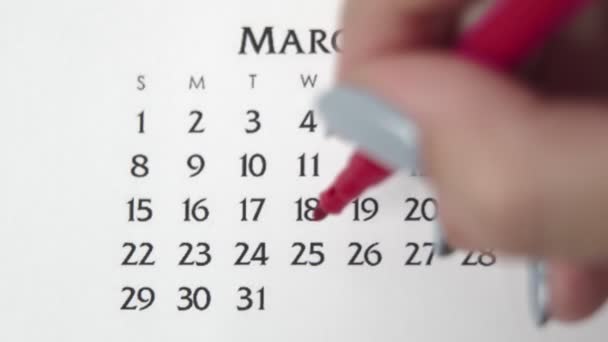 Takvimde kırmızı kalemli bir kadın el çemberi günü. İş Temel Duvar Takvimi Planlayıcı ve Düzenleyici. 25 Mart — Stok video