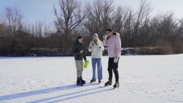 Młodzi przyjaciele piją gorącą herbatę i jedzą przekąski po przejażdżce na łyżwach po zamarzniętym jeziorze w lesie — Wideo stockowe