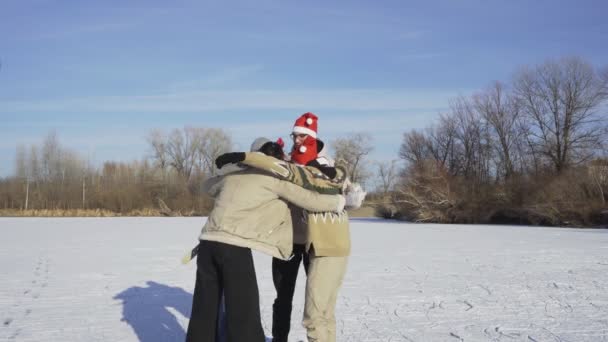 Grupa młodych przyjaciół bawić się na zamarzniętym jeziorze — Wideo stockowe