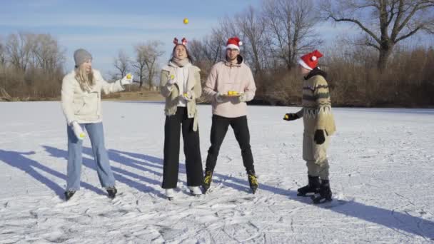 Grupa młodych przyjaciół nosi łyżwy zabawy na zamarzniętym jeziorze — Wideo stockowe