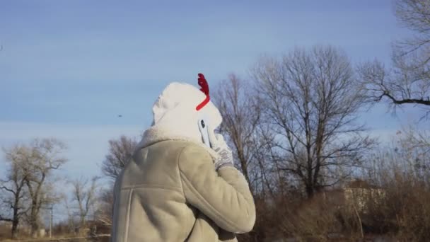 Młoda kobieta w Boże Narodzenie Santa kapelusz jeździ na łyżwach i rozmawia przez telefon na zamarzniętym jeziorze w lesie — Wideo stockowe