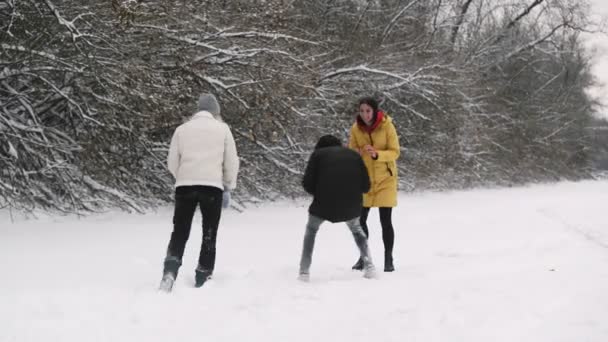 3人の幸せな友人は冬の森の中で雪玉と遊ぶ — ストック動画