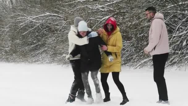 Les jeunes amis s'amusent avec la neige dans la forêt d'hiver — Video