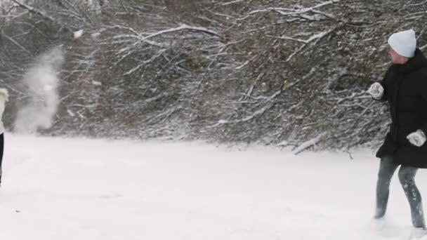 Feliz joven pareja juega con bolas de nieve en el bosque de invierno — Vídeos de Stock