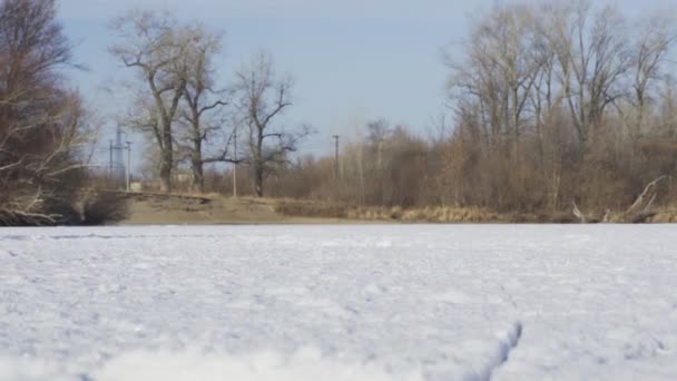 Zbliżenie peaple jeździć na łyżwach razem na zamarzniętym jeziorze w lesie — Wideo stockowe
