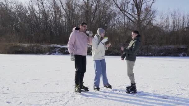 Young happy friends drinks a hot tea and eats snacks after rides ice skating on frozen lake in forest — Stock Video