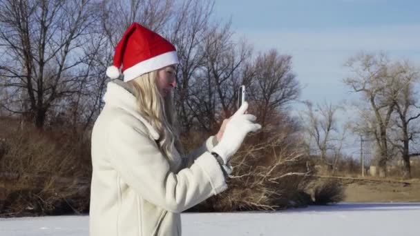 Młoda kobieta w świątecznym kapeluszu robi zdjęcie przyjaciołom przez telefon na zamarzniętym jeziorze w lesie — Wideo stockowe