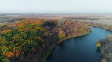 Sonbahar boyunca nehir manzarası ve Rusya 'nın güzel kırsal bölgeleri. Sonbahar renk ormanı manzarası, güneşli bir sonbahar gününde renkli ağaçların üzerindeki hava manzarası. Sonbahar insansız hava aracı üst görünümü.