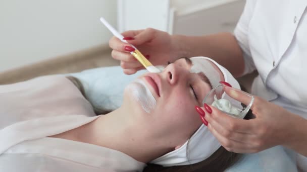 Kosmetolog nanáší hliněnou masku se špachtlí na obličej ženy. Pleť obličeje a anti-aging léčba. Kosmetologie a profesionální péče o pleť obličeje. — Stock video