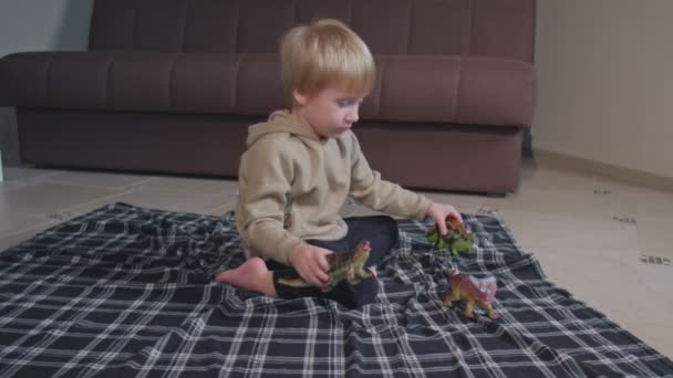 Little boy sits on blanket and plays with dinosaurs at home — Stock Video