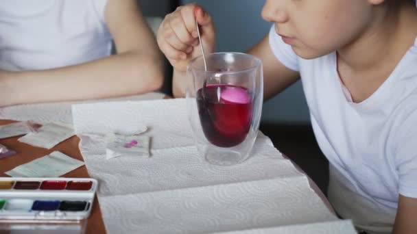 Close up of little child girl wearing bunny ears puts egg into cup with colour — Stock Video