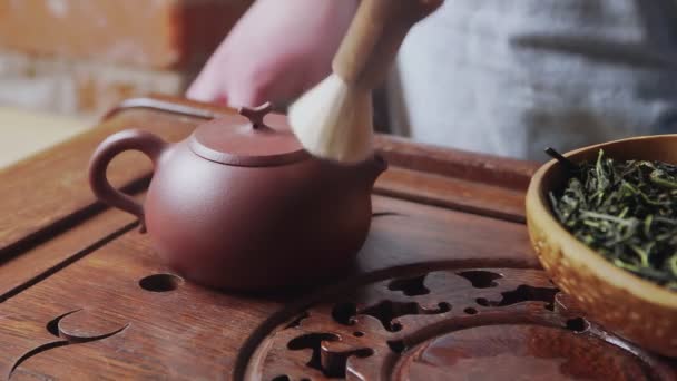 Chińska ceremonia herbaty, za pomocą szczotki do herbaty mały czajnik jest wytarty z gorących kropli herbaty — Wideo stockowe