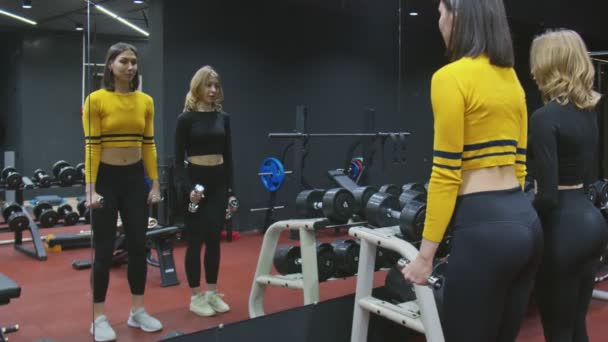 Dois belos atletas sexy trainer olha para o espelho e fazendo exercício bíceps com dois halteres. — Vídeo de Stock
