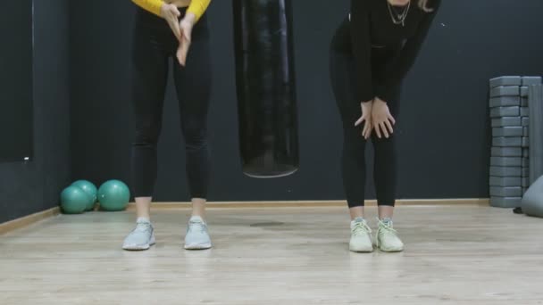 Dwie młode kobiety fitness stoją w statycznej desce na siłowni. — Wideo stockowe