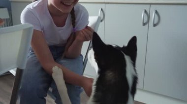 Güzel küçük kız mutfakta güzel bir köpekle oynuyor.