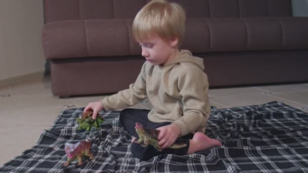 Little boy sits on blanket and plays with dinosaurs at home — Stock Video