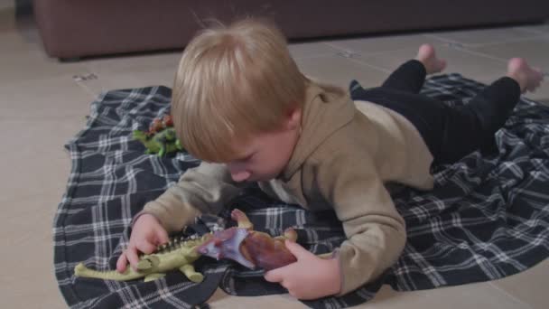 Мальчик играет с игрушечными динозаврами на полу — стоковое видео
