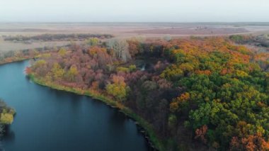 Sonbahar boyunca nehir manzarası ve Rusya 'nın güzel kırsal bölgeleri. Sonbahar renk ormanı manzarası, güneşli bir sonbahar gününde renkli ağaçların üzerindeki hava manzarası. Sonbahar insansız hava aracı üst görünümü.