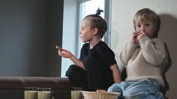 Dwóch małych chłopców siedzi na stole i je ciasteczka z mlekiem. — Wideo stockowe