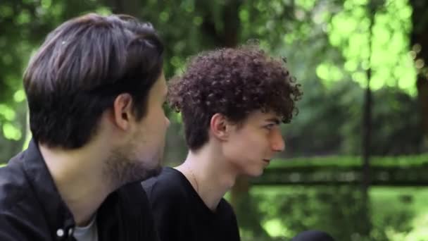 Deux jeunes hommes parlent à un pique-nique dans le parc en été — Video