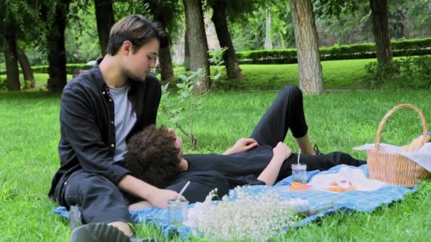 Två killar hade picknick i naturen på sommaren och avslappnad — Stockvideo