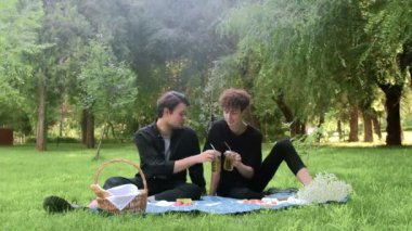 İki genç yazın piknikte oturup sohbet eder ve ellerinde içki bardakları tutarlar.