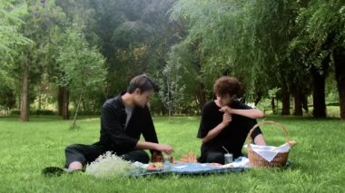 Yazın doğada satranç oynayan iki genç adam.