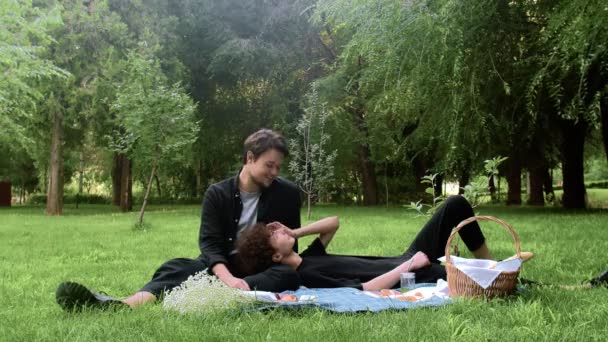 Dwóch facetów miało piknik w przyrodzie latem i zrelaksowani — Wideo stockowe