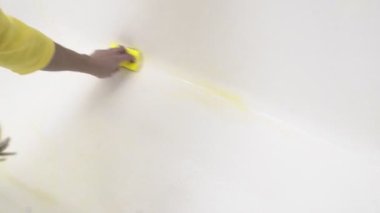 Bir kadın banyoyu deterjanla yıkıyor.