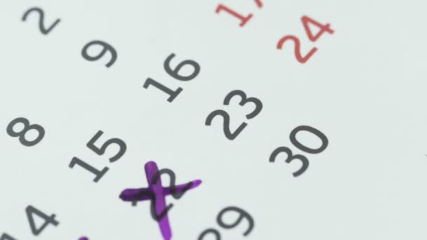 Närbild av den tjugotredje dagen i kalendern, överstruken med en lila penna — Stockvideo