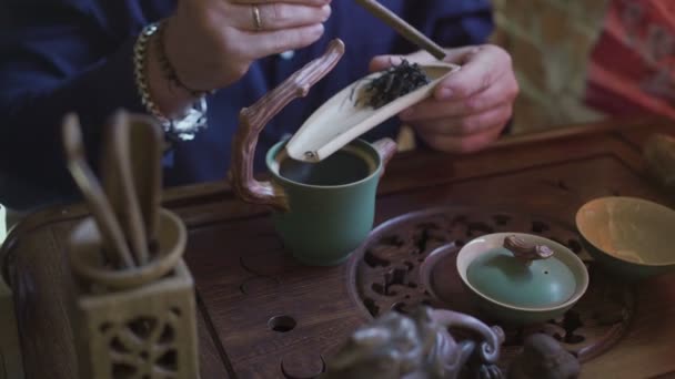 Un joven en una tienda de té pone hojas de té en una cuchara de madera con una espátula de madera — Vídeo de stock