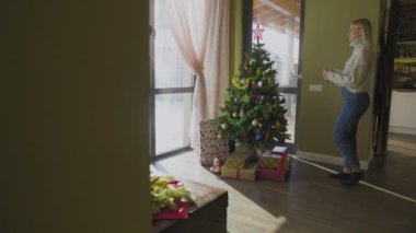 Süveter giyen güzel sarışın bir kız Noel ağacına yaklaşır ve bir Noel balosu düzenler. Evin penceresinin yanında altında hediyeler olan bir Noel ağacı..