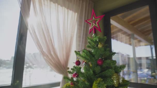 Un árbol de Navidad decorado junto a la ventana de la casa. Año Nuevo. — Vídeo de stock