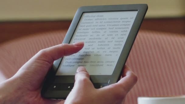 Le mani delle donne in un caffè tengono un e-book — Video Stock