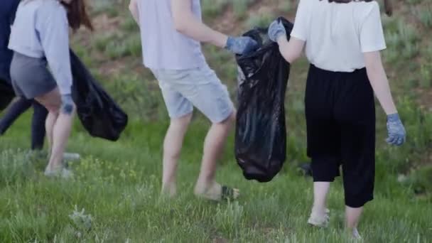 En grupp frivilliga samlar skräp i en sopsäck. Begreppet plastförorening och miljöproblem. Frivillig rengöring av naturen från plast. — Stockvideo