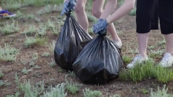 Two women close a black trash bags. Plastic pollution and environmental problem concept. Voluntary cleaning of nature from plastic. — Stock Video