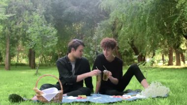 İki genç yazın piknikte oturup sohbet eder ve ellerinde içki bardakları tutarlar.