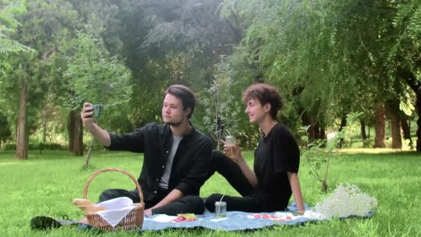 To unge fyre er fotograferet på telefonen i naturen om sommeren – Stock-video