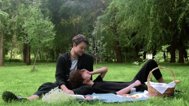 Zwei Jungs picknickten im Sommer in der Natur und entspannten sich — Stockvideo