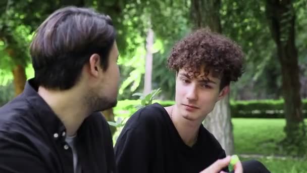 Un gars donne du raisin à un autre gars dans le parc en été — Video