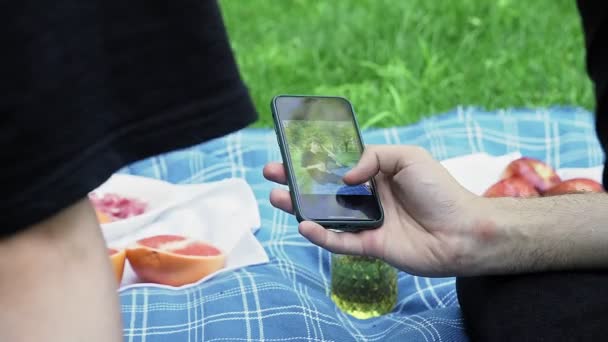 Une main d'homme tient un téléphone et feuillette les photos dans la nature en été — Video