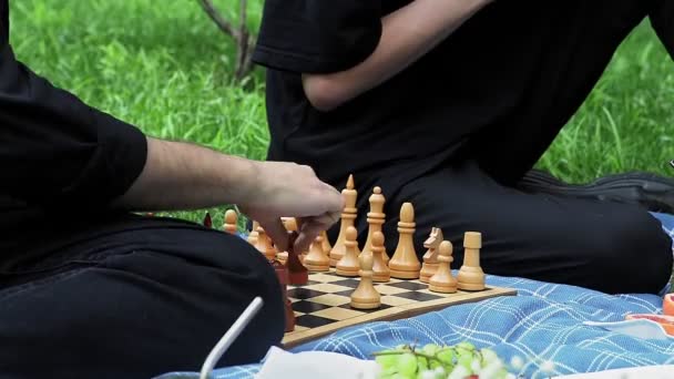 Zwei junge Burschen spielen im Sommer Schach in der Natur — Stockvideo