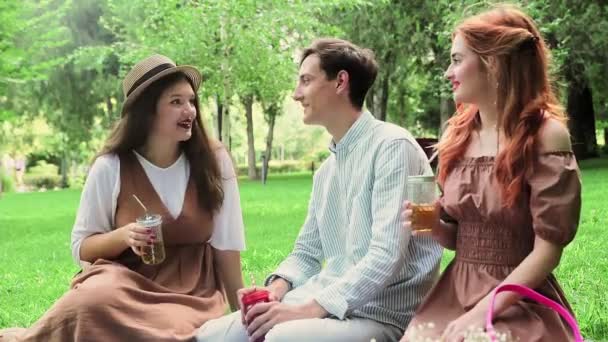 Dwie dziewczyny i facet na pikniku w lecie w parku komunikować — Wideo stockowe