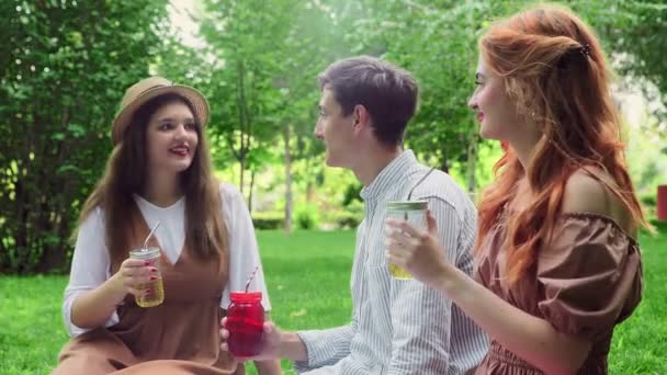 Två tjejer och en kille på picknick på sommaren i parken kommunicerar — Stockvideo