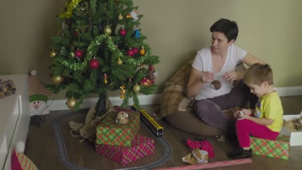 Mamá y el niño decoran el árbol de Navidad. Navidad. Humor festivo. — Vídeos de Stock