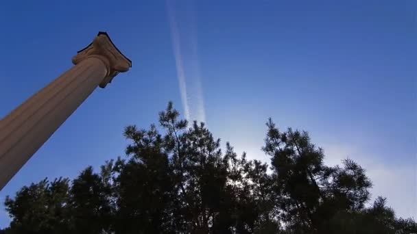 Rayos de sol a través de los árboles con cielo azul y fondo de columna — Vídeos de Stock